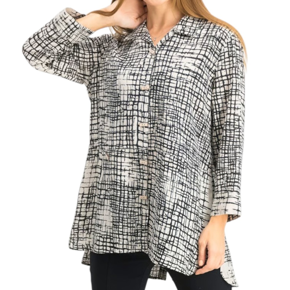 John Mark Button Down Shirt Women L Black White Grid Tunic Art to Wear Lagenlook